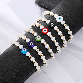 Handmade Beaded Evil Eye Bracelet with Rhinestone and Elastic Band