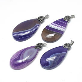 Natural Agate Pendants, with Rhinestone and Brass Findings, Dyed, Drop, Platinum, Jet