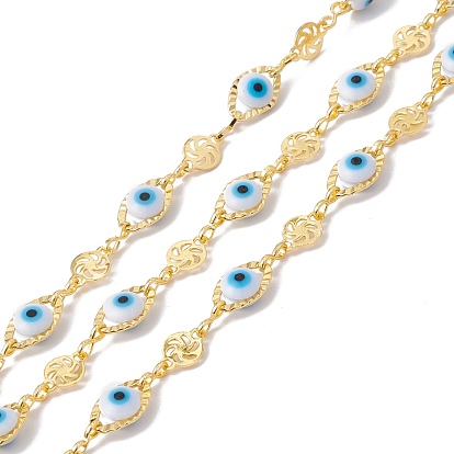 Handmade Eco-friendly Brass Horse Eye & Windmill Link Chain, with Glass Evil Eye Beaded, Real 18K Gold Plated, Lead Free & Cadmium Free, Soldered, with Spool