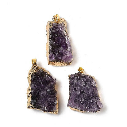 Кулоны из сырого грубого натурального аметиста, подвески-самородки с фурнитурой из нержавеющей стали золотистого оттенка