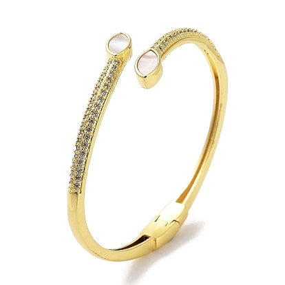 Brass Micro Pave Clear Cubic Zirconia Open Cuff Bangles, Horse Eye Shell Bangles for Women