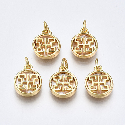 Brass with Natural Sea Shell Charms, with Jump Rings, Nickel Free, Flat Round
