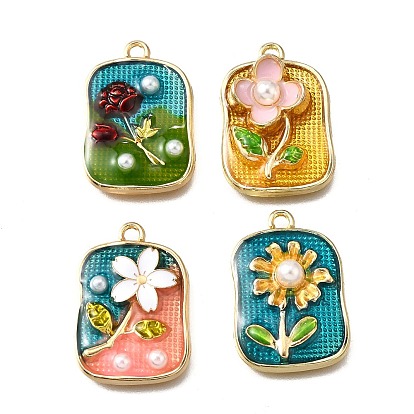 Подвески из эмали и сплава, с ABS имитации жемчуга, Прямоугольник с цветком, стойки покрытие, долговечный, без свинца, без кадмии и без никеля, золотые