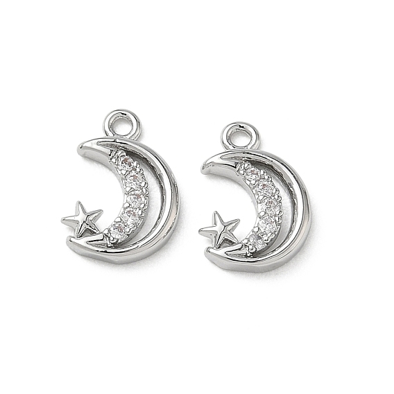 Brass Micro Pave Clear Cubic Zirconia Charms, Moon and Star Charms
