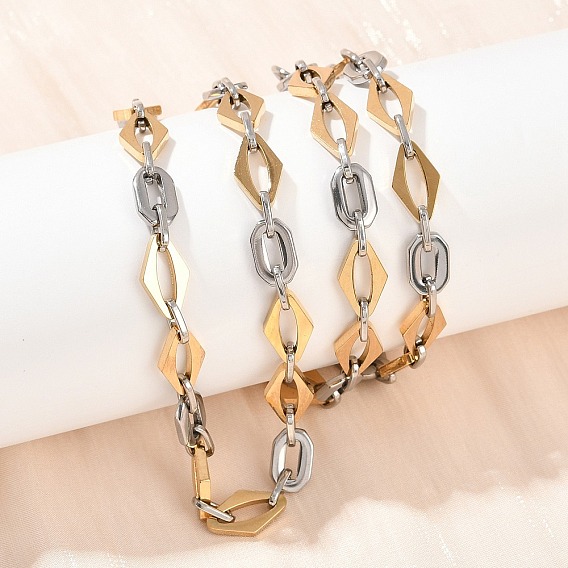 201 Женские ожерелья из нержавеющей стали с овальными и ромбовидными звеньями, с 304 нержавеющей стали застежки