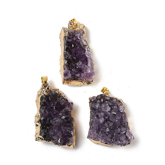 Кулоны из сырого грубого натурального аметиста, подвески-самородки с фурнитурой из нержавеющей стали золотистого оттенка