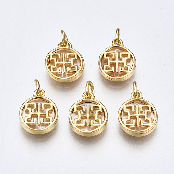 Brass with Natural Sea Shell Charms, with Jump Rings, Nickel Free, Flat Round