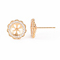 Brass Micro Pave Clear Cubic Zirconia Stud Earrings Findings, for Half Drilled Bead, Nickel Free, Flower