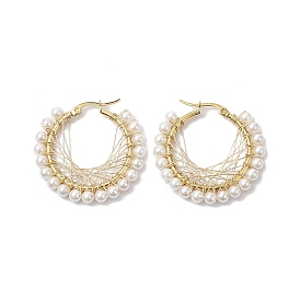 Boucle d'oreille créole en perles de coquillage enveloppée de fil de cuivre, 304 bijoux en acier inoxydable pour femmes