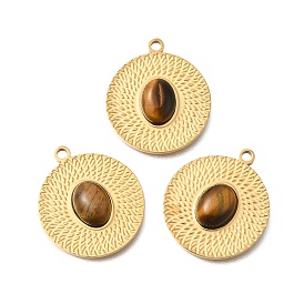 Natural Tiger Eye Pendants, with Vacuum Plating 201 Stainless Steel Findings, Flat Round