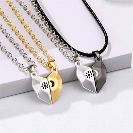 2Pcs 2 Style Couple Necklaces Set, Alloy Magnetic Matching Splite Heart Pendants Necklace for Valentine's Day