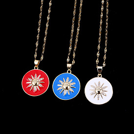 Colorful Sunflower Pendant Necklace for Women with Copper Plated Real Gold and Oil Dripping Design