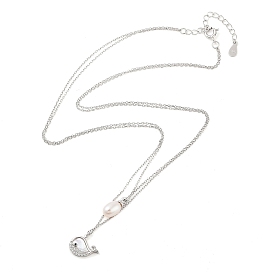 925 Sterling Silver with Shell Necklaces, Double Layer Necklaces, Pearl and Cubic Zirconia Pendant Necklaces, Dolphin