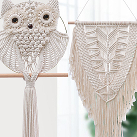 Handmade Macrame Cotton Cord Woven Tassel Wall Hanging, Boho Style Hanging Ornament with Wood Sticks, for Home Decoration