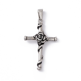 304 Stainless Steel Pendants, Cross with Rose Charms