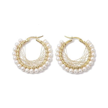 Copper Wire Wrapped Shell Pearl Hoop Earring, 304 Stainless Steel Jewelry for Women