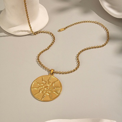 304 Женские колье из нержавеющей стали с плоским круглым кулоном в виде солнца, ионное покрытие (ip), без кадмия, без никеля и без свинца