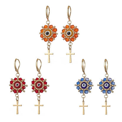 Сглаз с крестом 304 нержавеющая сталь стеклянные бусины серьги с застежкой-молнией, с рыболовной нитью, нейлоновой проволокой и бусинами лэмпворк ручной работы, золотые