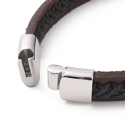Black Leather Cord Bracelet with 304 Stainless Steel Magnetic Clasps, Punk Flat Wristband for Men Women