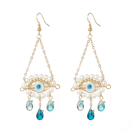 Shell Pearl Braided Horse Eye Long Dangle Earrings, Gold Plated Brass Wire Wrap Jewelry for Women