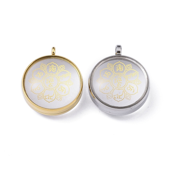 304 Stainless Steel Pendants, with Glass, Flat Round