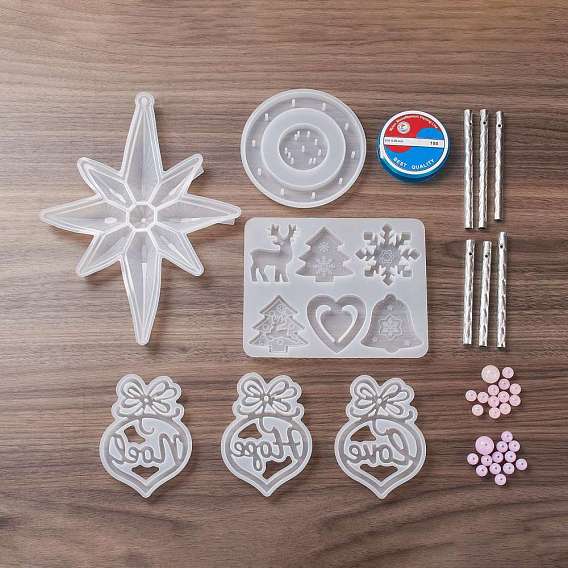 Набор для изготовления колокольчиков своими руками, Новогодняя тема, в том числе силиконовые формы, леска из нейлоновой мононити, пластиковые шарики, алюминиевые трубы