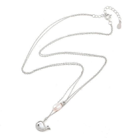 925 Sterling Silver with Shell Necklaces, Double Layer Necklaces, Pearl and Cubic Zirconia Pendant Necklaces, Dolphin
