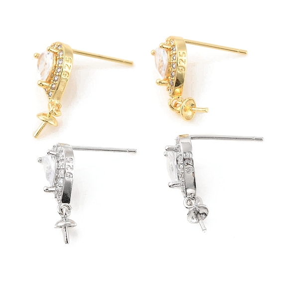 Rack Plating Brass Micro Pave Cubic Zirconia Stud Earring Finding, with Pinch Bails for Half Drilled Beads, Teardrop, Cadmium Free & Lead Free