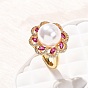 Регулируемые латунные кольца с микропаве из кубического циркония для женщин, цветок, с пластмассовой жемчужиной abs, без кадмия и без свинца, долговечный, стойки покрытие