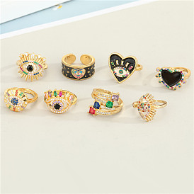 Fashionable Copper Plated Gold Micro Inlaid Colorful Zircon Ring with Devil's Eye Open Mouth