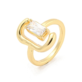 Letter C & Rectangle Brass Micro Pave Clear Cubic Zirconia Open Cuff Rings, Long-Lasting Plated