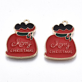 Eco-Friendly Alloy Enamel Pendants, Cadmium Free & Lead Free & Nickel Free, Lucky Bag with Word Merry Christmas, Light Gold