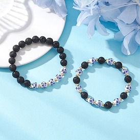 2шт. эластичные браслеты ручной работы из фарфора, керамики и бусин из натуральной лавы с цветочным принтом для женщин, круглые