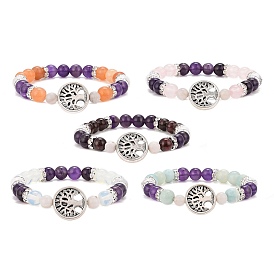 5Pcs 5 Style Natural & Synthetic Mixed Gemstone Beaded Stretch Bracelets Set, Alloy Tree of Life Beaded Stackable Bracelets for Women