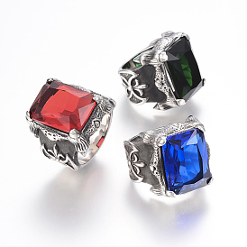 304 Stainless Steel Finger Rings, with Cubic Zirconia, Rectangle