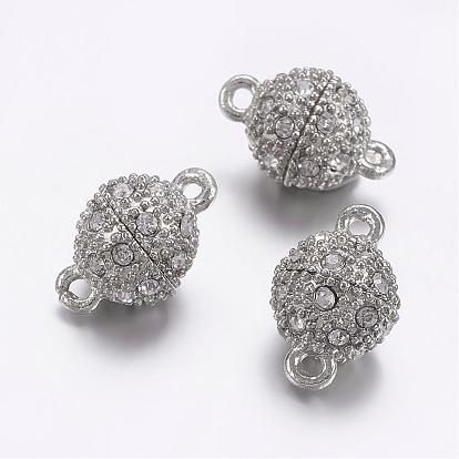 Alloy Rhinestone Magnetic Clasps with Loops, Round, 17x10mm, Hole: 2mm