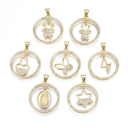 Brass Micro Pave Clear Cubic Zirconia Pendants, Mixed Style, Nickel Free, Flat Round