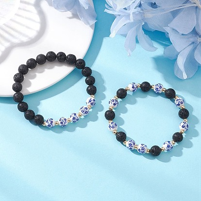 2шт. эластичные браслеты ручной работы из фарфора, керамики и бусин из натуральной лавы с цветочным принтом для женщин, круглые