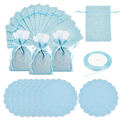 30Pcs Linenette Storage Bag, with 30 Sheets Candy Organza Packaging Yarn Disc, 1 Roll Polyester Satin Ribbon