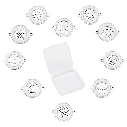 304 Stainless Steel Enamel Links Connectors, Flat Round with Mixed Patterns