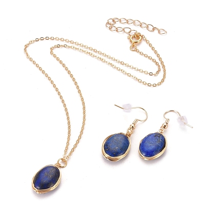 Natural Gemstone Pendant Jewelry Sets, Brass Cable Chain Necklaces & Dangle Earrings, with Brass Spring Ring Clasps, Earring Hooks and Plastic Ear Nuts, Oval