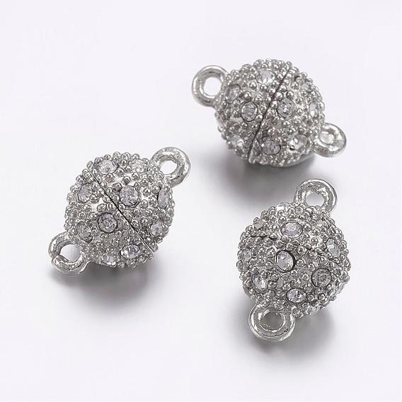 Alloy Rhinestone Magnetic Clasps with Loops, Round, 17x10mm, Hole: 2mm