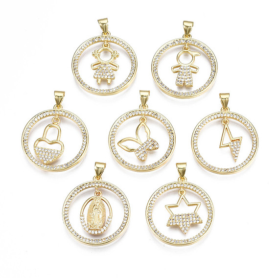 Brass Micro Pave Clear Cubic Zirconia Pendants, Mixed Style, Nickel Free, Flat Round