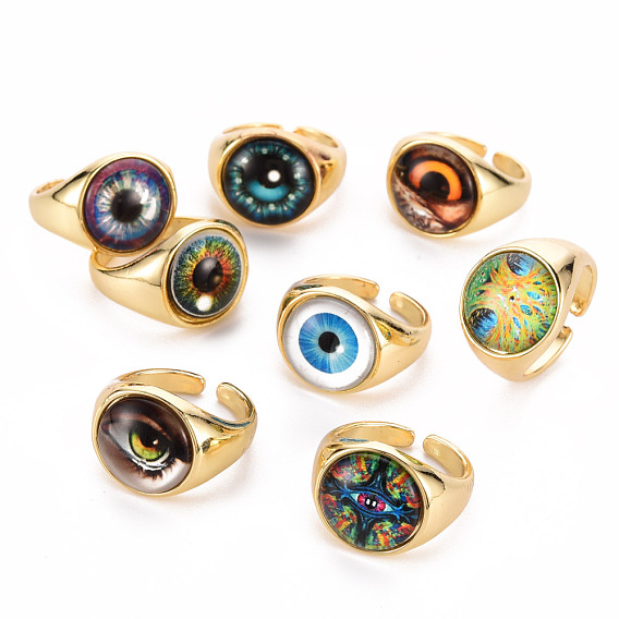 Brass Glass Cuff Rings, Open Rings, Cadmium Free & Nickel Free & Lead Free, Eye, Real 16K Gold Plated