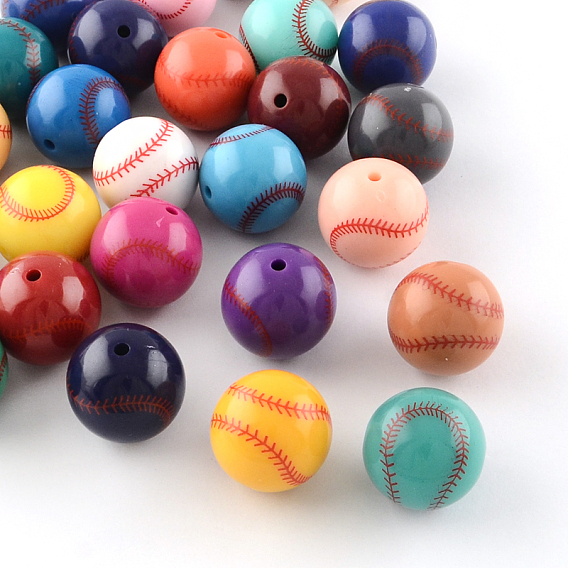 Opaque Acrylic Round Beads, Baseball, 20mm, Hole: 2.5mm