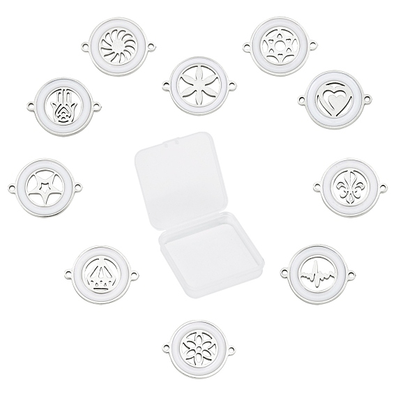 304 Stainless Steel Enamel Links Connectors, Flat Round with Mixed Patterns