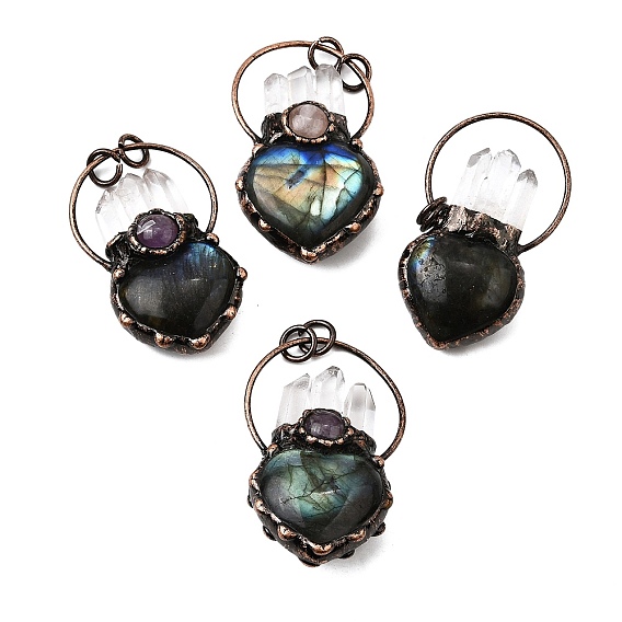 Подвески в форме сердца из натурального кварцевого кристалла, аметиста и лабрадорита, с медными кольцами