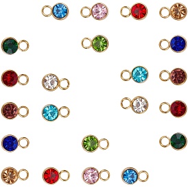 SUNNYCLUE Glass Rhinestone Charms, Birthstone Charms, with Golden Tone 304 Stainless Steel Findings, Flat Round