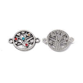 Tibetan Style Alloy Connector Charms, with Rhinestones, Flat Round with Heart Tree