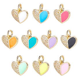 Nbeads 10Pcs 10 Colors Eco-Friendly Brass Micro Pave Clear Cubic Zirconia Enamel Pendant, with Jump Rings, Long-Lasting Plated, Heart, Real 18K Gold Plated